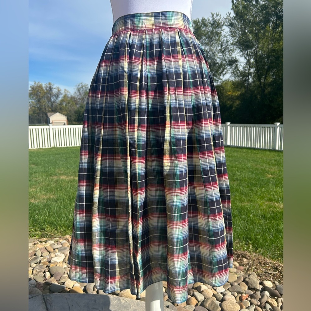Vintage 50s Red Black Green Plaid Cotton Full Midi Skirt Rockabilly Small